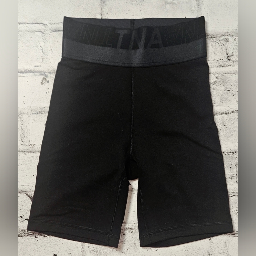 TNA Aritzia XS High Rise Black Bike Shorts Graphic Logo Waistband